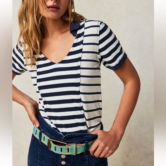 Free People Tops - NWOT We the Free Contrast Stripe Polo Navy, White, Tan